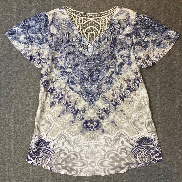 Time and Tru Tops - Time And Tru Womens Blue White Paisley Print Shirt Crochet Back Size Small Flora